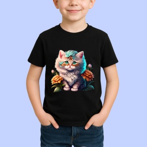 Tricou Pisicuta pufoasa cu floare si fundal alb luminos Copii | Dama | Barbat, culoare negru - Img 4