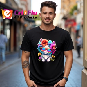 Tricou Pisicuta turcoaz cu flori si ochelari colorati Copii | Dama | Barbat, culoare negru - Img 5