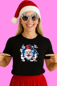 Tricou Pitic Craciun Cu Fundal Albastru Si Braduti Verzi, din bumbac 100% Copii | Dama | Barbat - Img 2