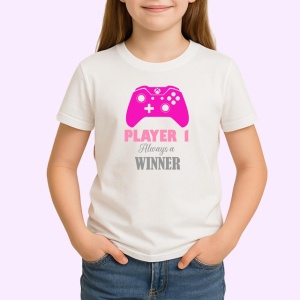 Tricou Player 1 Always Winner Controller Roz Jocuri, din bumbac 100% , tricou alb pentru Copii | Dama | Barbat