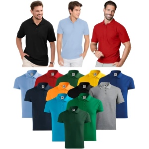 Trei barbati imbracati in tricou polo calitate tip Tommy si culorile disponibile alb, gri, negru, albastru, turcoaz, galben, verde, rosu, mandarin