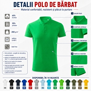 Tricou Polo Bărbat Malfini F03 Pique Polo Free, Stil Tip Tommy, 65% Bumbac, 200 g/m², Guler Polo, Label Free, 14 Culori, Mărimi S–3XL - Img 3
