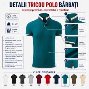 Tricou Polo Bărbați 256 Collar Up, 100% Bumbac, 215 g/m², Guler cu Contrast, 2 Nasturi, S–3XL, 10 Culori - Img 5