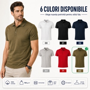 Tricou Polo Bărbați 259 Grand, 100% Bumbac Mercerizat, Guler Polo cu 3 Nasturi, S–3XL, 6 Culori