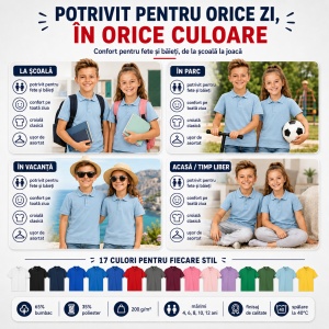 Tricou polo copii, fete și băieți, 65% bumbac, 200 g/m², mărimi 4–12 ani - Img 6