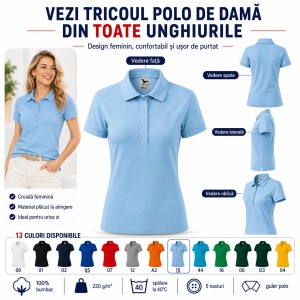 Tricou Polo Damă din Bumbac 100% – Casual Office, Guler Polo, XS-2XL | 13 Culori | Pique Polo - Img 8