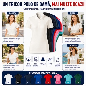 Tricou Polo Damă Joy P22 – 65% Bumbac, 170 g/m², Croială Cambrată, Etichetă Detașabilă - Img 7