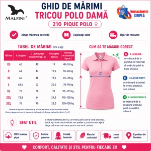 Tricou Polo Damă Malfini 210 Pique, Croială Cambrată, 200 g/m², Mărimi XS–3XL,65% Bumbac, 36 Culori - Img 3
