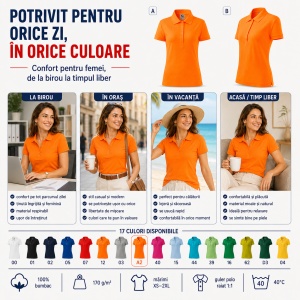 Tricou Polo Damă Malfini 213 Cotton, 100% Bumbac, 170 g/m², Guler Raiat, 5 Nasturi, Croială Cambrată, 17 Culori, XS–2XL - Img 5