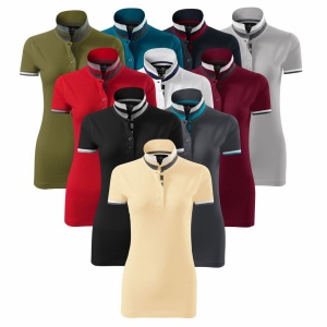 Imagine de prezentare tricou polo pentru femei si culorile disponibile rosu, negru, vanilie, gri, albastru