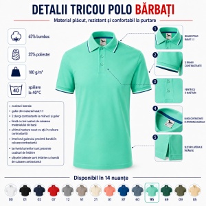 Tricou Polo Pique Bărbați Malfini Focus, 14 Culori Disponibile, 65% Bumbac, 180 g/m², Guler tip tommy cu Dungi Contrastante, Mărimi S 3XL - Img 2