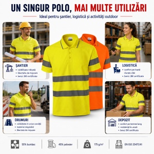 Tricou Polo Reflectorizant Unisex Damă/Bărbat HV Runway 2V9 cu Guler – Benzi 3M, 55% Bumbac - Img 9