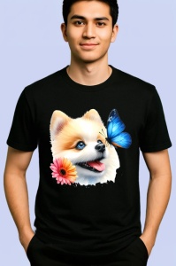 Tricou Pomeranian cu fluture albastru si floare roz adorabil si pufos Copii | Dama | Barbat Barbat - Img 5