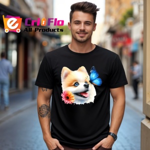 Tricou Pomeranian cu fluture albastru si floare roz adorabil si pufos Copii | Dama | Barbat Barbat - Img 17