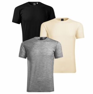 Imagine de prezentare pentru tricou din lana merino si culorile disponibile negru, gri si migdala