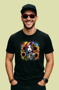 Tricou Rainbow hair girl skull tattoo, fata cu par curcubeu si tatuaj craniu, Copii | Dama | Barbat , tricou negru - Img 4