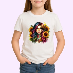 Tricou rainbow hair girl sunflower tattoo, fata cu par curcubeu si tatuaj floarea soarelui, Copii | Dama | Barbat - Img 3