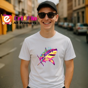 Tricou Rechin curcubeu fundal alb efecte de vopsea Copii | Dama | Barbat - Img 5