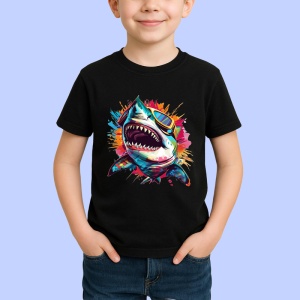 Tricou Rechin in stil graffiti cu ochelari fundal alb Copii | Dama | Barbat, culoare negru - Img 4
