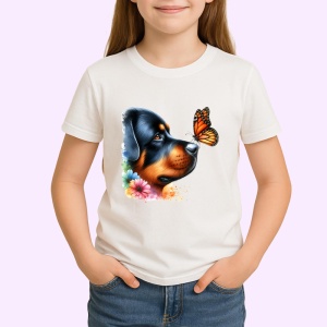 Tricou Rottweiler calm cu fluture portocaliu si flori colorate contrast vibrant Copii | Dama | Barbat Barbat - Img 4