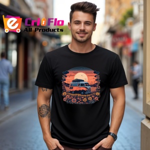 Tricou Rulota hippie cu flori si camp de floarea soarelui 2 Copii | Dama | Barbat, culoare negru - Img 6
