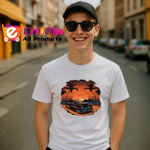 Tricou Rulota portocalie pe plaja cu palmieri si apus 2 Copii | Dama | Barbat - Img 5
