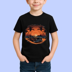 Tricou Rulota portocalie pe plaja cu palmieri si apus 2 Copii | Dama | Barbat, culoare negru - Img 4