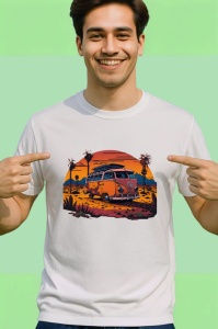 Tricou Rulota portocalie pe plaja cu palmieri si apus Copii | Dama | Barbat - Img 2