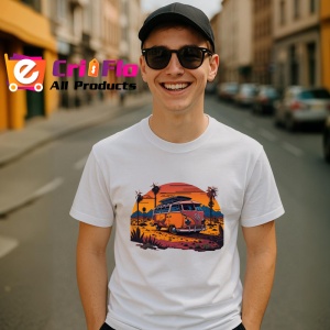 Tricou Rulota portocalie pe plaja cu palmieri si apus Copii | Dama | Barbat
