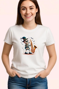 Tricou Schelet cu saxofon si costum elegant fundal alb Copii | Dama | Barbat - Img 3