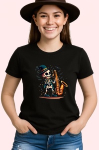 Tricou Schelet cu saxofon si costum elegant fundal alb Copii | Dama | Barbat, culoare negru - Img 3