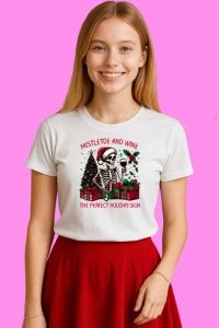 Tricou Schelet Cu Vin Si Vasc Mistletoe And Wine, din bumbac 100%, tricou alb, Copii | Dama | Barbat - Img 1