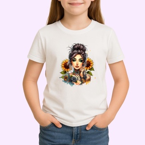 Tricou side bun girl sunflower earrings, fata coc lateral cu cercei floarea soarelui, Copii | Dama | Barbat - Img 3