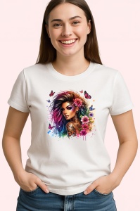 Tricou side view girl pink flowers hair tattoo, fata profil cu flori roz si tatuaje, Copii | Dama | Barbat