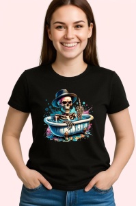 Tricou Skeleton in bath flipping off, schelet in cada facand semn obscen, Copii | Dama | Barbat , tricou negru - Img 3