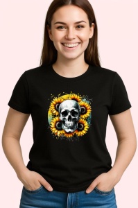 Tricou Skull with sunflowers, craniu cu floarea soarelui, Copii | Dama | Barbat , tricou negru - Img 3
