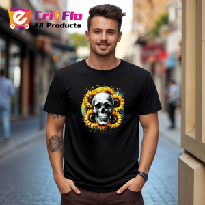 Tricou Skull with sunflowers, craniu cu floarea soarelui, Copii | Dama | Barbat , tricou negru - Img 10