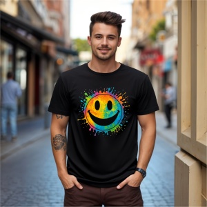 Tricou Smiley Happy Colorat Negru, Copii | Dama | Barbat - Img 4