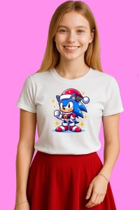 Tricou Sonic Christmas Costumat Mos Craciun, din bumbac 100%, tricou alb, Copii | Dama | Barbat