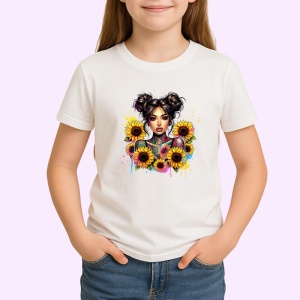 Tricou space buns girl sunflower burst, fata cu cocuri si floarea soarelui exploziva, Copii | Dama | Barbat