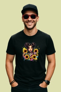 Tricou Space buns girl sunflower burst, fata cu cocuri si floarea soarelui exploziva, Copii | Dama | Barbat , tricou negru - Img 3