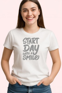 Tricou Start The Day With A Smile Text Bold Negru, din bumbac 100% , tricou alb pentru Copii | Dama | Barbat - Img 3