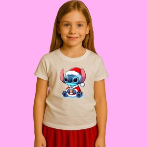 Tricou Stitch Christmas Cu Cana Si Fular, din bumbac 100%, tricou alb, Copii | Dama | Barbat