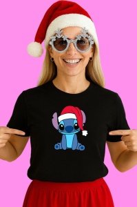 Tricou Stitch Cu Caciula Rosie Craciun, din bumbac 100% Copii | Dama | Barbat - Img 3