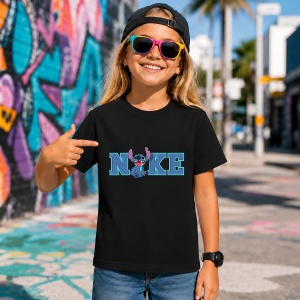 Tricou Stitch Logo Albastru Stil Desen Animat, din bumbac 100%, tricou negru, Copii | Dama | Barbat - Img 7