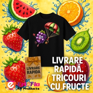 Tricou Strugure amuzant de vara cu parasuta, Fructe, Copii | Dama, culoare negru - Img 12