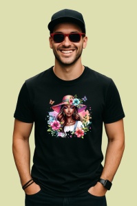 Tricou Summer hat woman floral, femeie cu palarie de vara si flori, Copii | Dama | Barbat , tricou negru - Img 4
