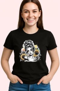 Tricou Sunflower shoulder girl sketch style, fata cu floarea soarelui pe umar stil schita, Copii | Dama | Barbat , tricou negru - Img 3