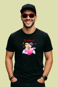 Tricou Te Iubesc Cuplu Copii Pe Nori Inima Roz, din bumbac 100%, tricou negru Dama | Barbat - Img 2