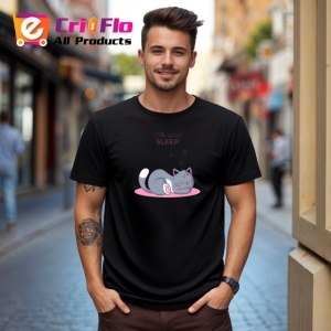 Tricou Time For Sleep Pisica Gri Dormind Luna, din bumbac 100%, tricou negru Copii | Dama | Barbat - Img 5